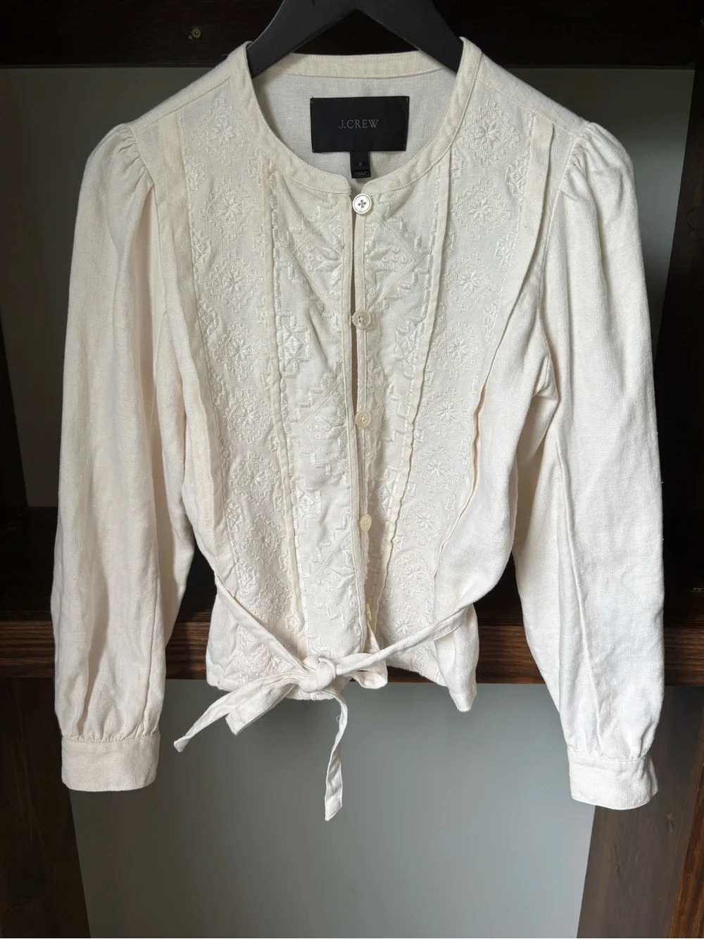 J.Crew Cream Embroidered Button-Front Tie-Waist Jacket